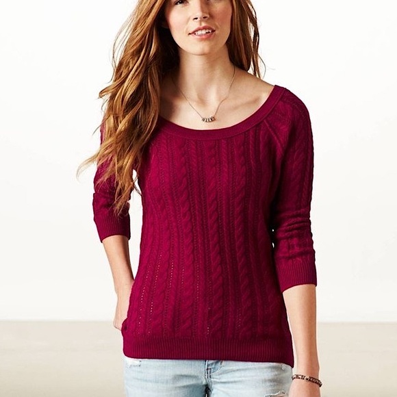 American Eagle Outfitters Sweaters - American Eagle Maroon Cable Knit Scoop Neck Sweater | Size: M